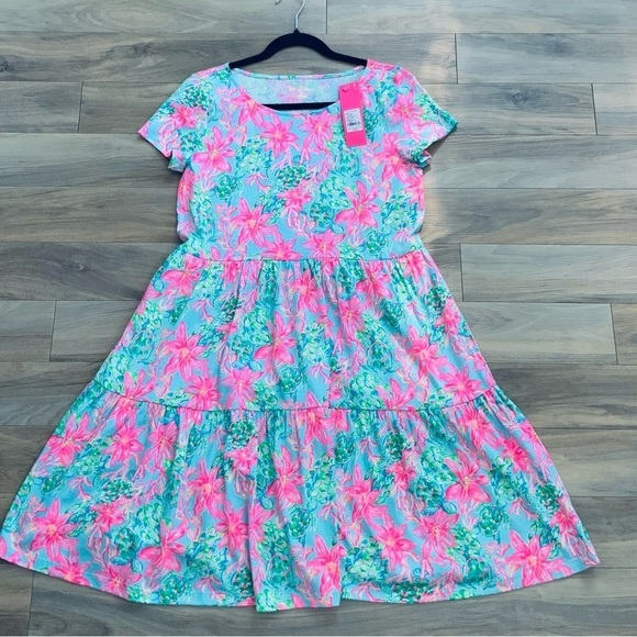 Lilly Pulitzer Geanna Short Sleeve Dress Surf Blue I’m So Shellegant - Picture 4 of 6